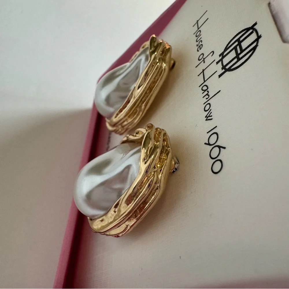 House of Harlow 1960 Faux Baroque Pearl Gold Tone Statement Stud Earrings NIB
